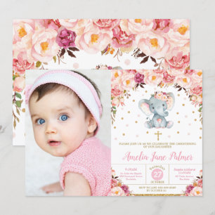Floral Elephant Christening Baptism Girl Photo Invitation