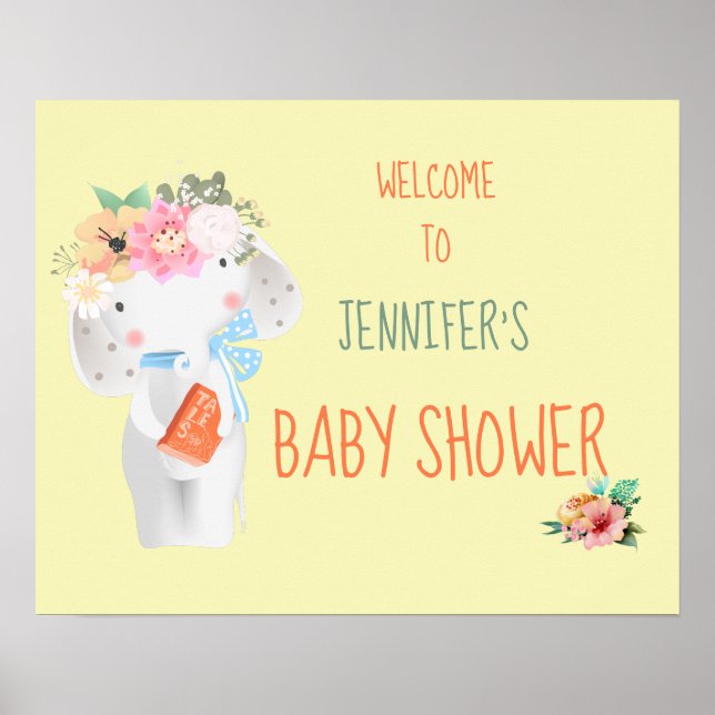 Floral Elephant Customisable Baby Shower Sign (Front)