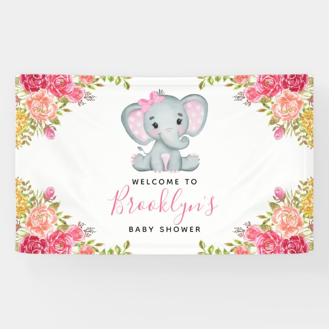 Floral Elephant Girl Baby Shower Banner (Horizontal)