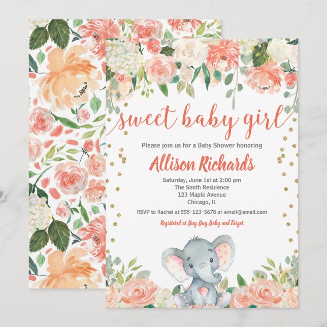 Floral elephant girl baby shower peach coral green invitation (Front/Back)