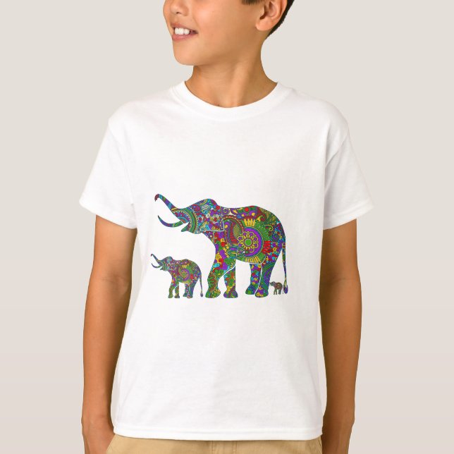 Floral Elephant Illustration Bright Colourful Tone T-Shirt (Front)