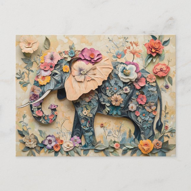 Floral Elephant Illustration Postcard (Front)