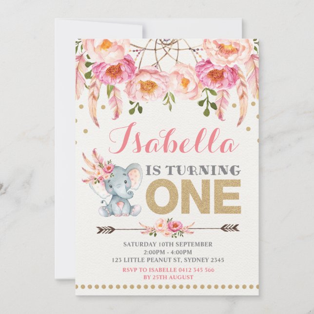 Floral Elephant Invitation Pink Gold Boho Birthday (Front)