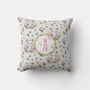 Floral ELEPHANT Monogram Girl Pink Bedroom Nursery Cushion