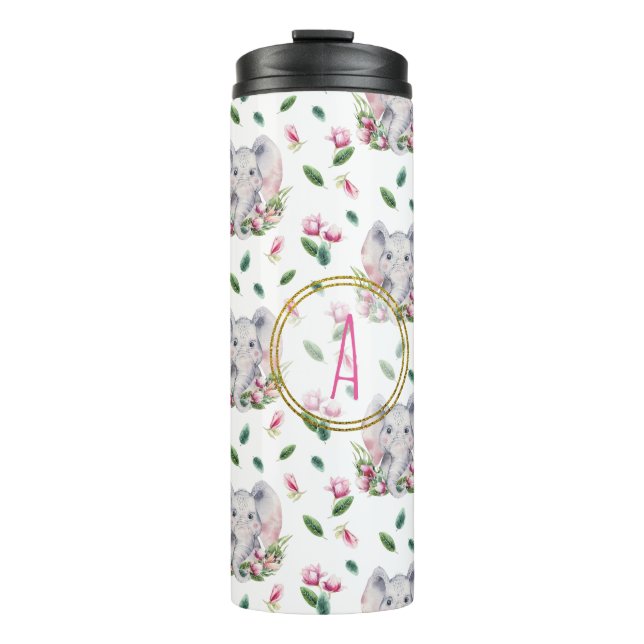 Floral ELEPHANT Monogram Girl Pink Bedroom Nursery Thermal Tumbler (Front)