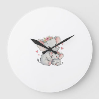 Floral Elephant Mother and Baby Watercolor Illustr Large Clock
