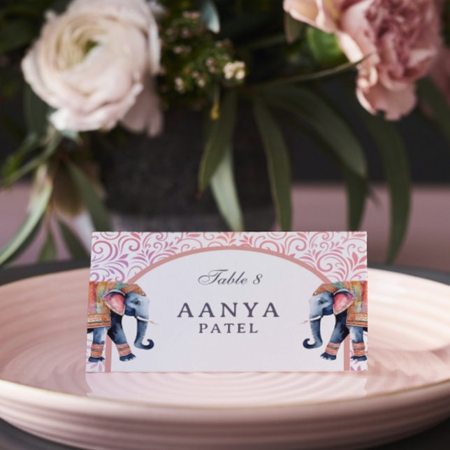 Floral Elephant & Mundap Arch Wedding Escort Name Place Card (Indian wedding escort cards, elephant wedding reception sign, hindu wedding reception place cards)