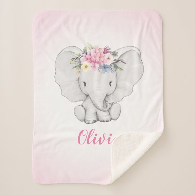 Floral Elephant Personalised Girl Baby Sherpa Blanket (Front)