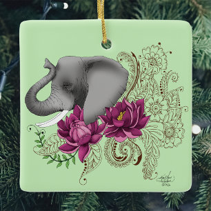 Floral Elephant Pink Lotus Henna Mandala Green Ceramic Ornament