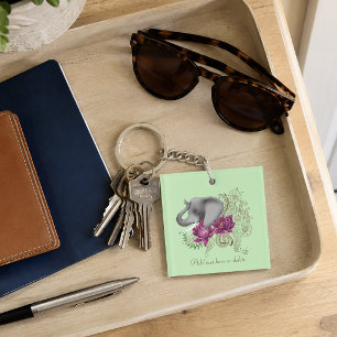 Floral Elephant Pink Lotus Henna Mandala Green Key Ring