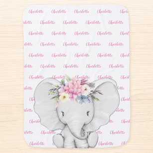 Floral Elephant Pink Personalised Girl Name Baby Blanket