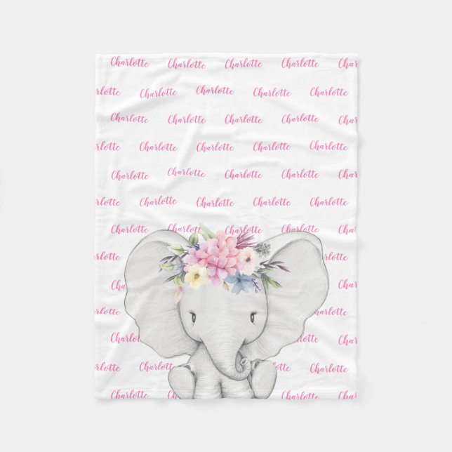 Floral Elephant Pink Personalised Girl Name Fleece Blanket (Front)