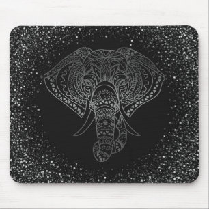 Floral Elephant Silver Glitter Tribal Office Gift Mouse Mat