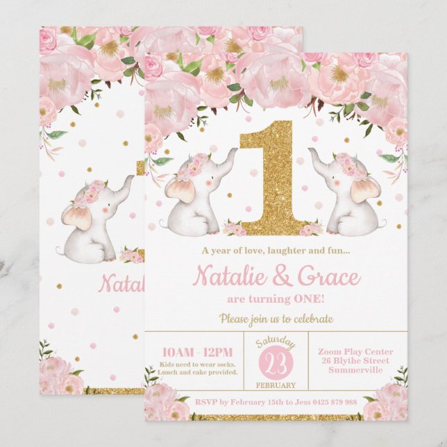 Floral Elephant Twin Girls 1st Birthday Party Invitation (Front/Back)