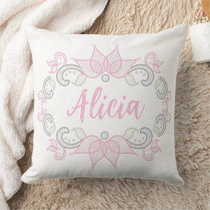 Floral Emblem Pink Flourish Customizable Name Cushion