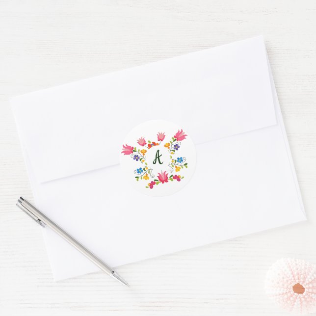 Floral embroidery  monogram classic round sticker (Envelope)