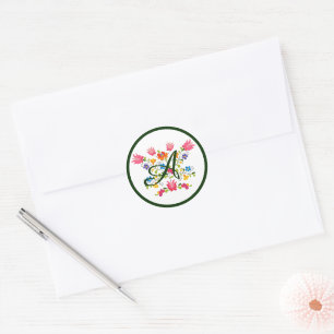 Floral embroidery monogram classic round sticker