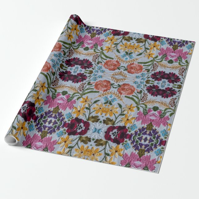 Floral Embroidery Pattern with Beautiful Flowers   Wrapping Paper (Unrolled)