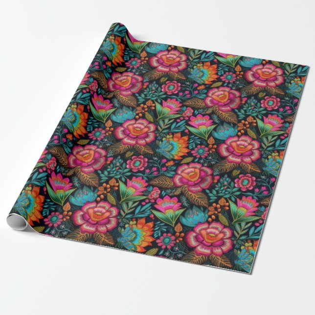 Floral Embroidery Pattern Wrapping Paper (Unrolled)