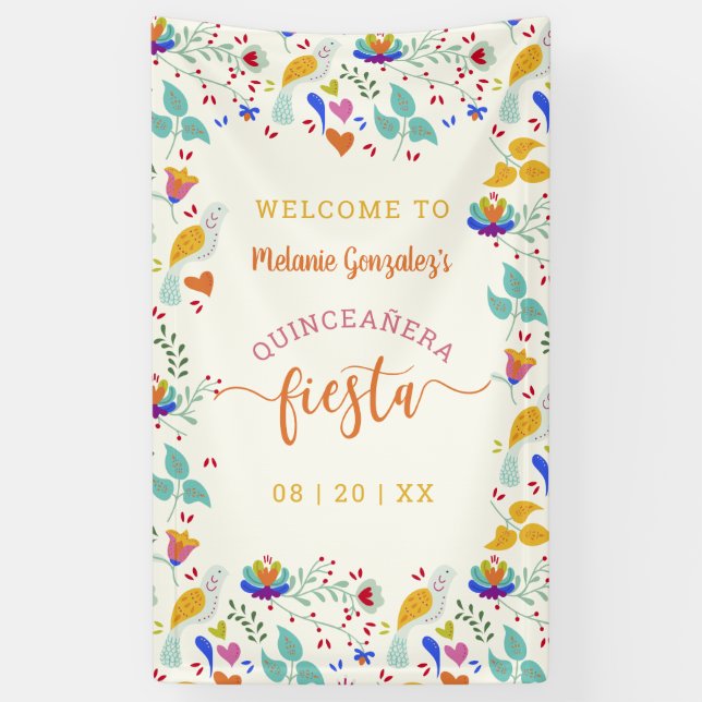 Floral Embroidery Welcome Quinceañera Fiesta Banner (Vertical)