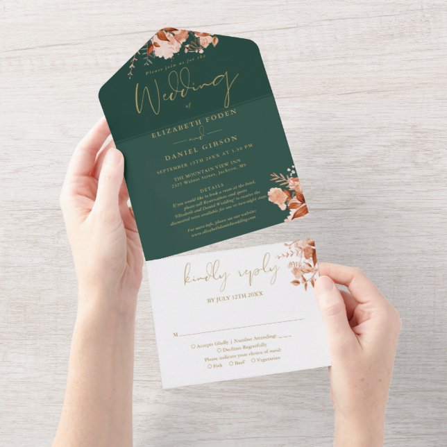 Floral Emerald And Gold Details RSVP Fall Wedding All In One Invitation (Tearaway)