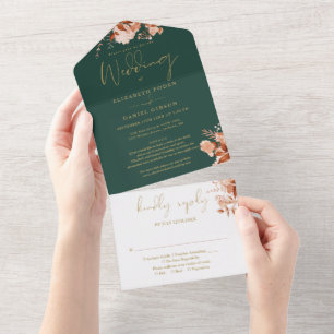 Floral Emerald And Gold Details RSVP Fall Wedding All In One Invitation