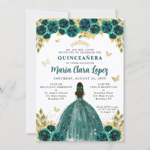 Floral Emerald Gold Butterfly Princess Quinceanera Invitation