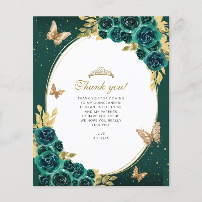 Floral Emerald Gold Butterfly Quinceañera Photo (Front)