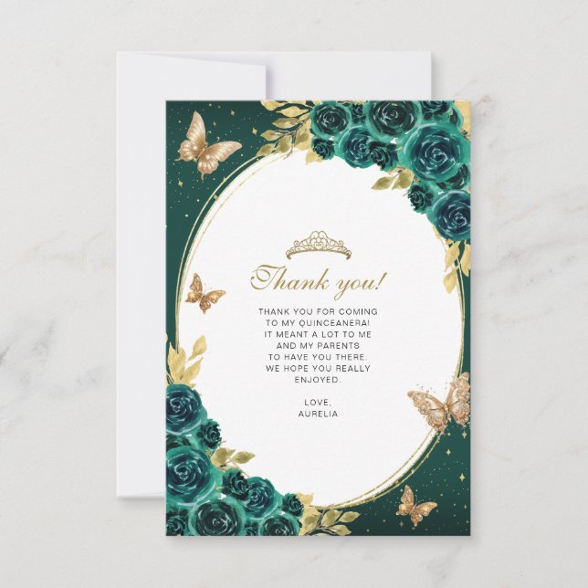 Floral Emerald Gold Butterfly Quinceañera Photo Card (Front)