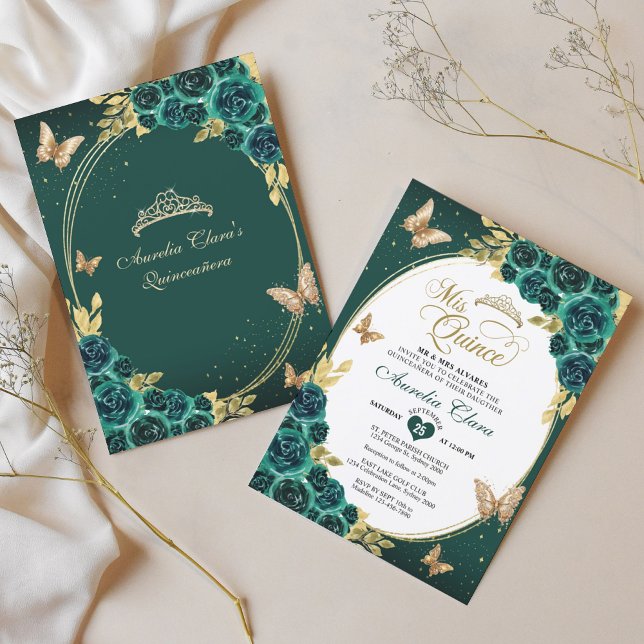 Floral Emerald Gold Tiara Butterfly Quinceañera Invitation (Creator Uploaded)