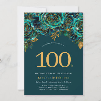 Floral Emerald Green and Gold 100th Birthday Invitation