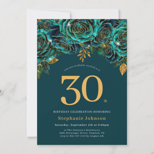 Floral Emerald Green and Gold 30th Birthday Invitation (Front)