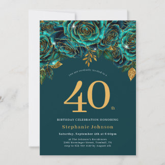 Floral Emerald Green and Gold 40th Birthday Invitation