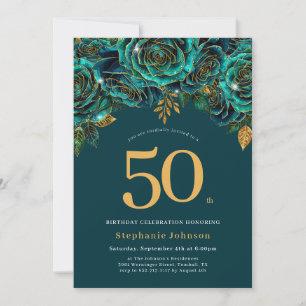 Floral Emerald Green and Gold 50th Birthday Invitation