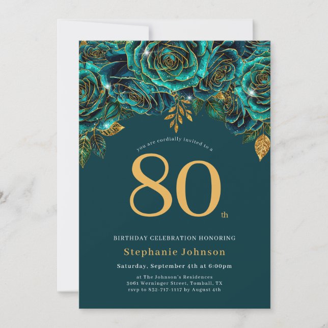 Floral Emerald Green and Gold 80th Birthday Invitation (Front)