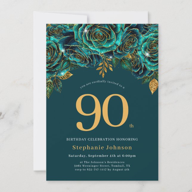 Floral Emerald Green and Gold 90th Birthday Invitation (Front)