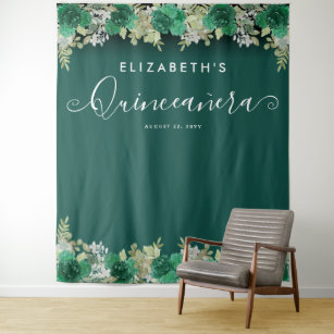 Floral Emerald Green Birthday Quinceanera Photo Tapestry