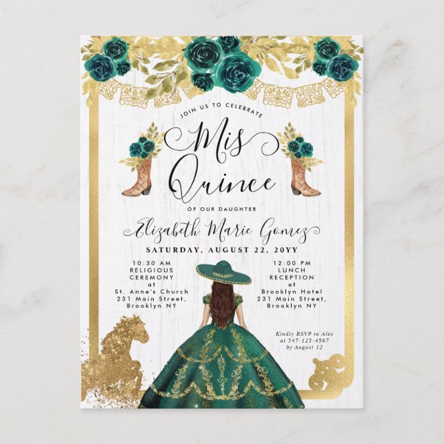 Floral Emerald Green Charra Princess Quinceanera Invitation Postcard (Front)