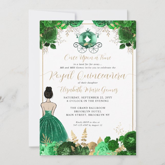 Floral Emerald Green Cinderella Royal Quinceanera Invitation (Front)