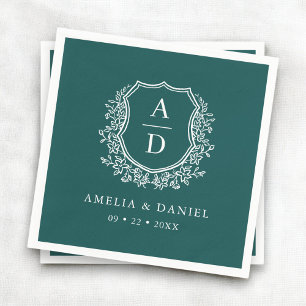 Floral Emerald Green Crest Wedding Monogram Napkin