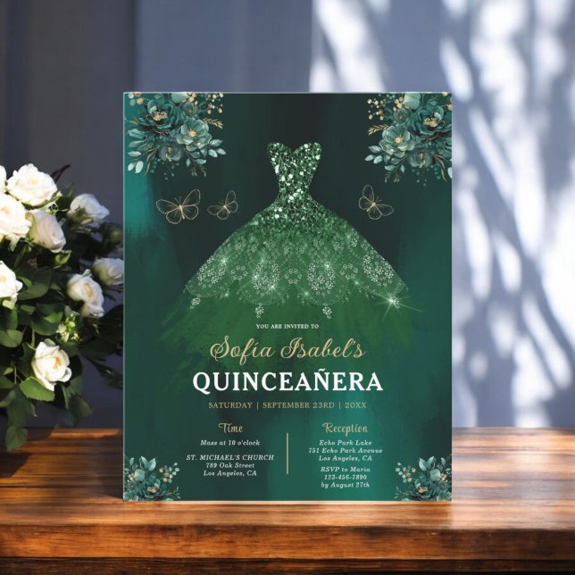 Floral Emerald Green Dress Birthday Quinceanera Flyer (Creator Uploaded)