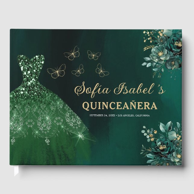 Floral Emerald Green Dress Birthday Quinceanera Guest Book (Front)