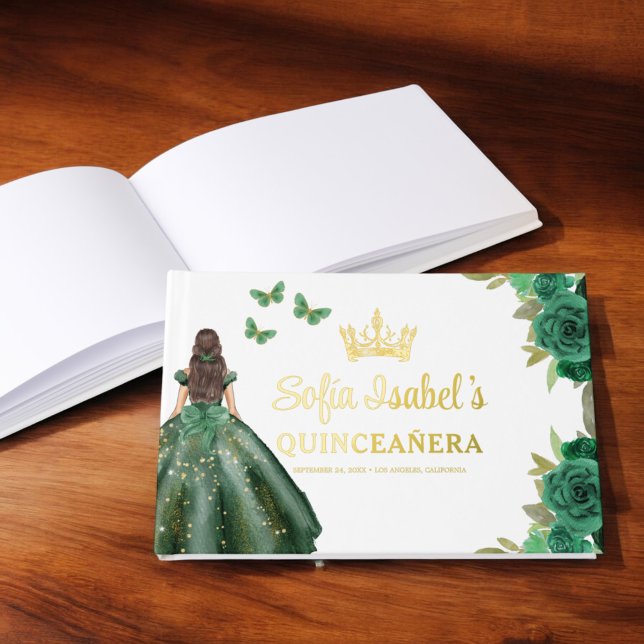 Floral Emerald Green Dress Birthday Quinceanera Guest Book (Creator Uploaded)