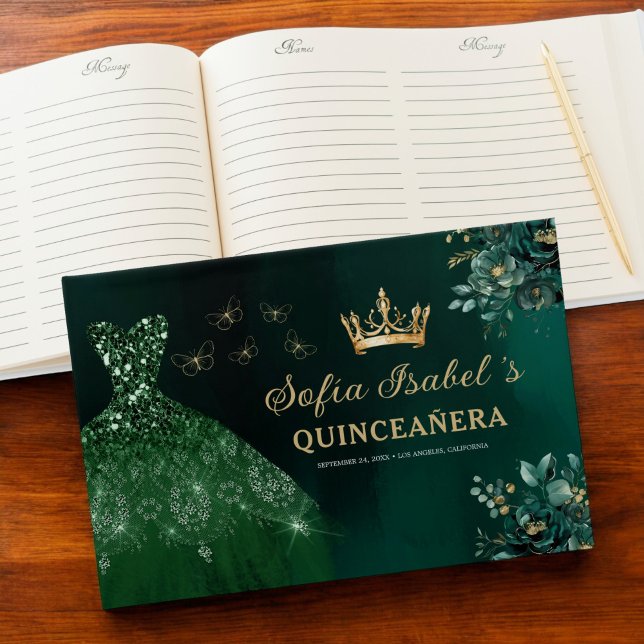 Floral Emerald Green Dress Birthday Quinceanera Guest Book (Creator Uploaded)