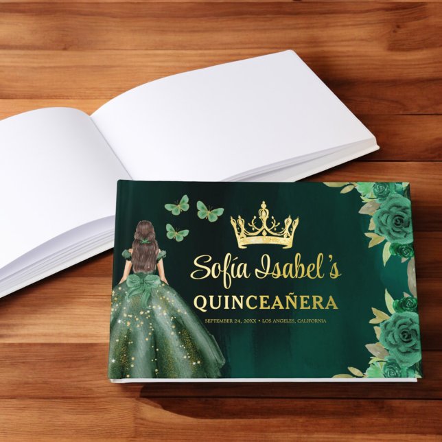 Floral Emerald Green Dress Birthday Quinceanera Guest Book (Creator Uploaded)