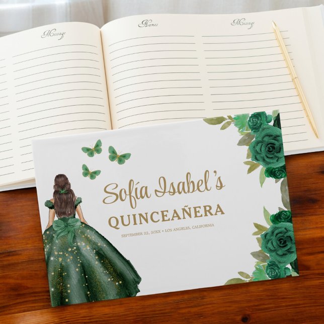 Floral Emerald Green Dress Birthday Quinceanera Guest Book (Creator Uploaded)