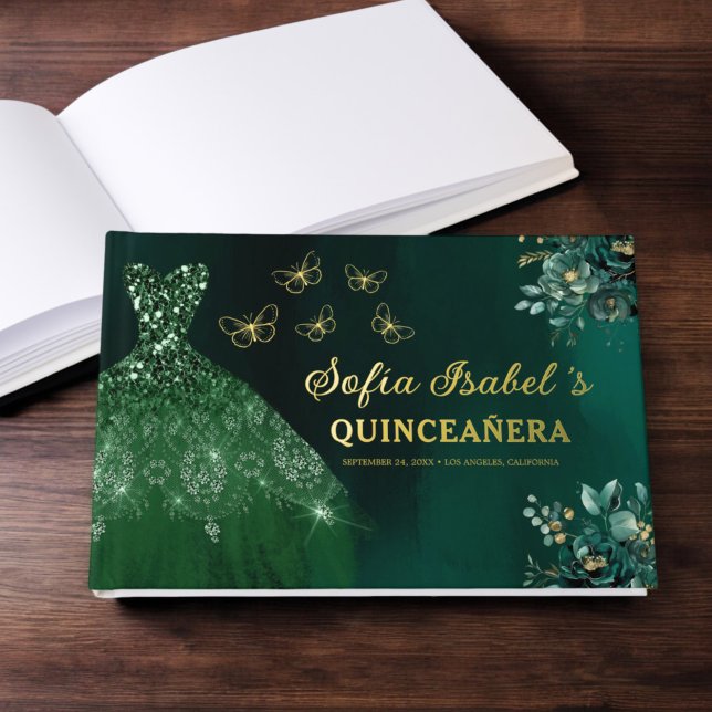 Floral Emerald Green Dress Birthday Quinceanera Guest Book (Creator Uploaded)