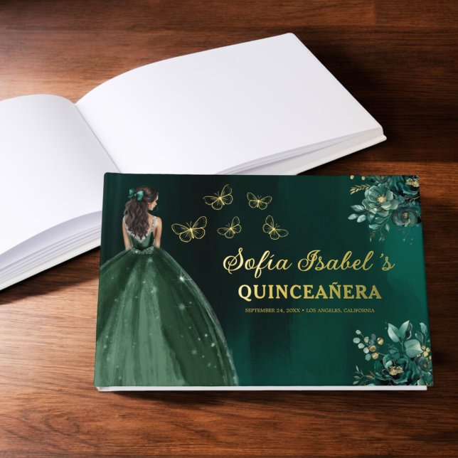 Floral Emerald Green Dress Birthday Quinceanera Guest Book (Creator Uploaded)