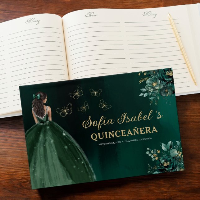 Floral Emerald Green Dress Birthday Quinceanera Guest Book (Creator Uploaded)