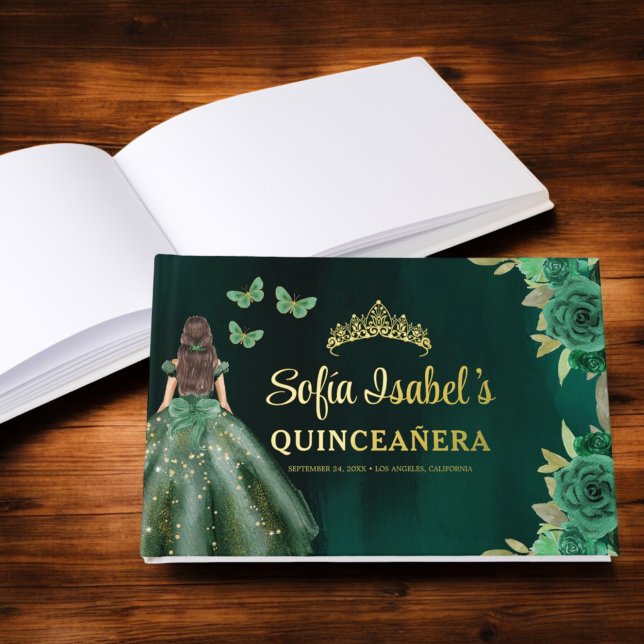 Floral Emerald Green Dress Birthday Quinceanera Guest Book (Creator Uploaded)